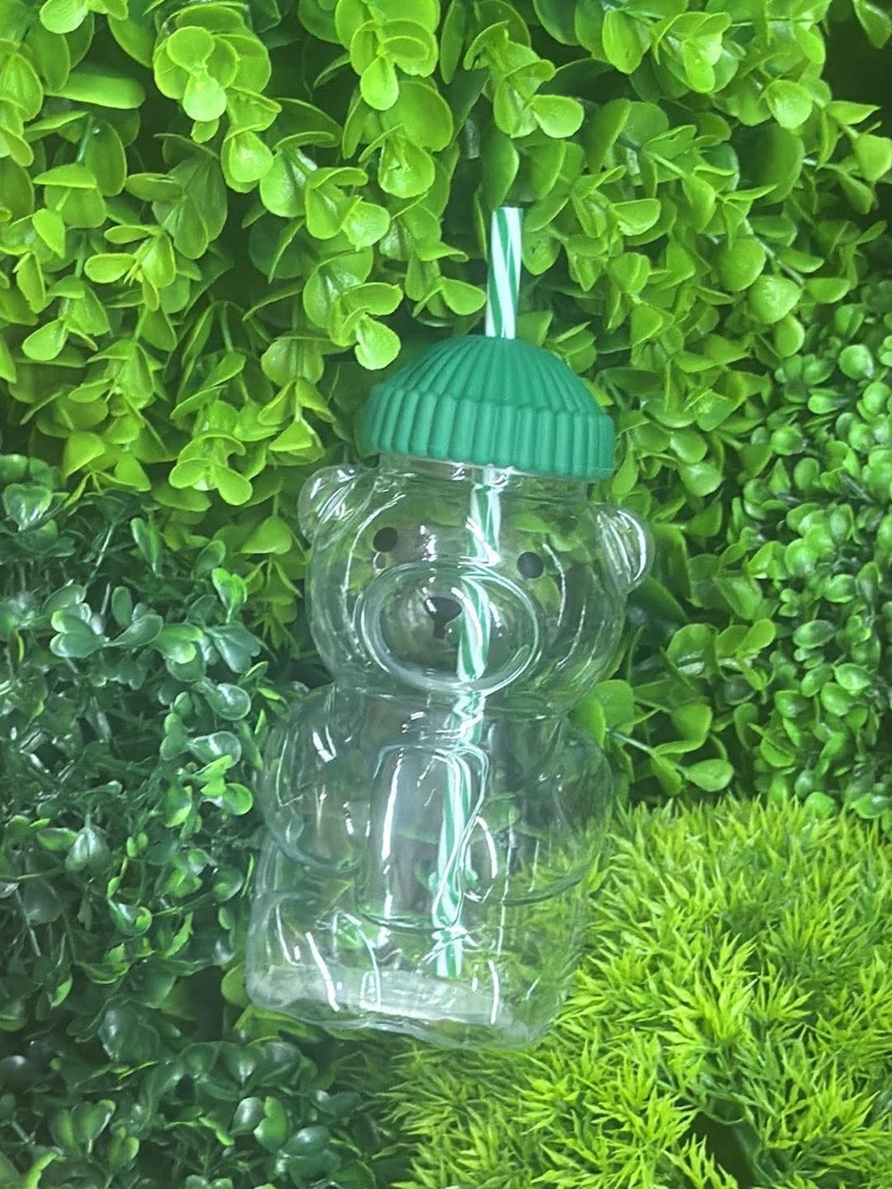 Green Bear-Shaped Party Drink Cup with Green Lid and Straw